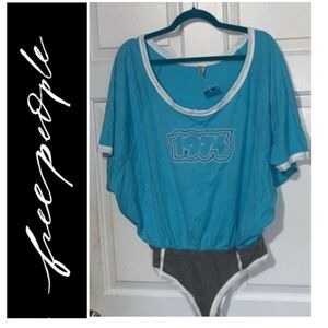 🎨 FREE PEOPLE Intimately Blue White Gray 100% Organic Cotton Bodysuit Top NWT L